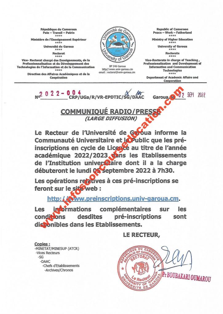 préinscriptions en cycle de Licence au titre de l'année académique 2022/2023 université dde garoua 