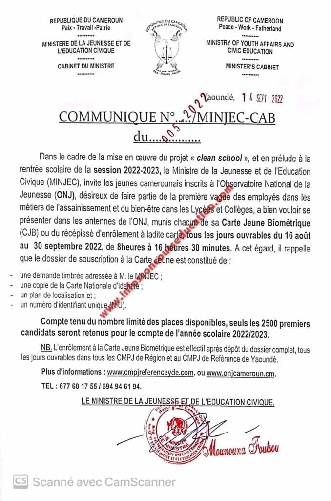 Communiqué invitant les jeunes Camerounais inscrits à l'Observatoire National de la Jeunesse (ONJ)  PROJET "Clean School", session 2022,