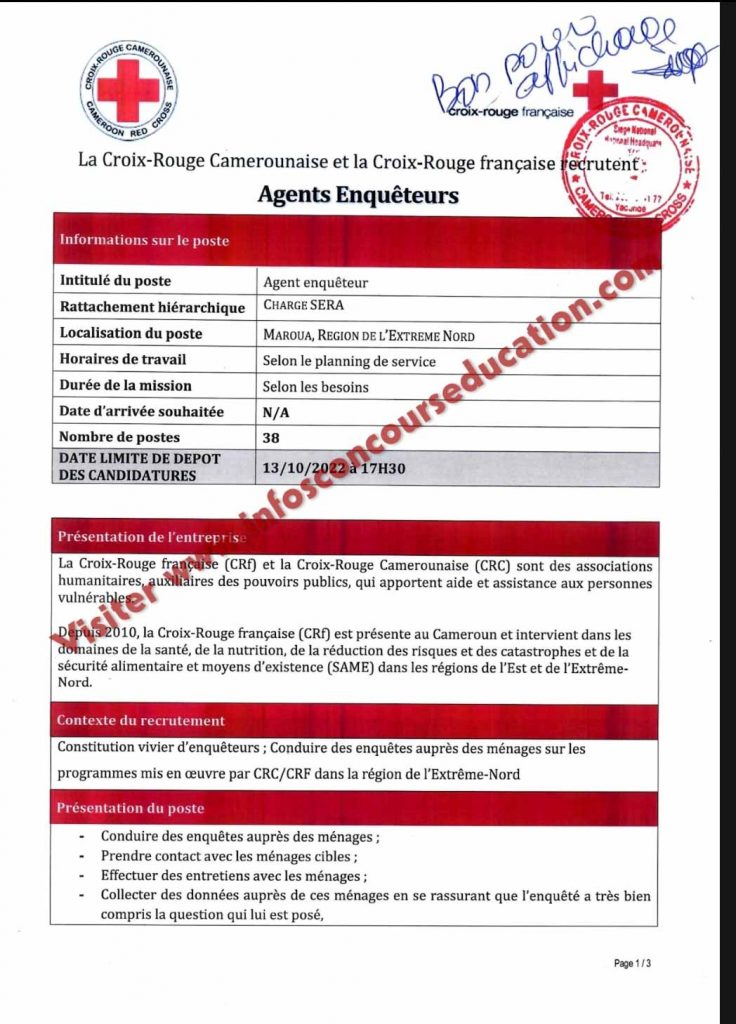 La Croix-Rouge camerounaise et la Croix-Rouge française recrutent 38 agents enquêteurs au cameroun