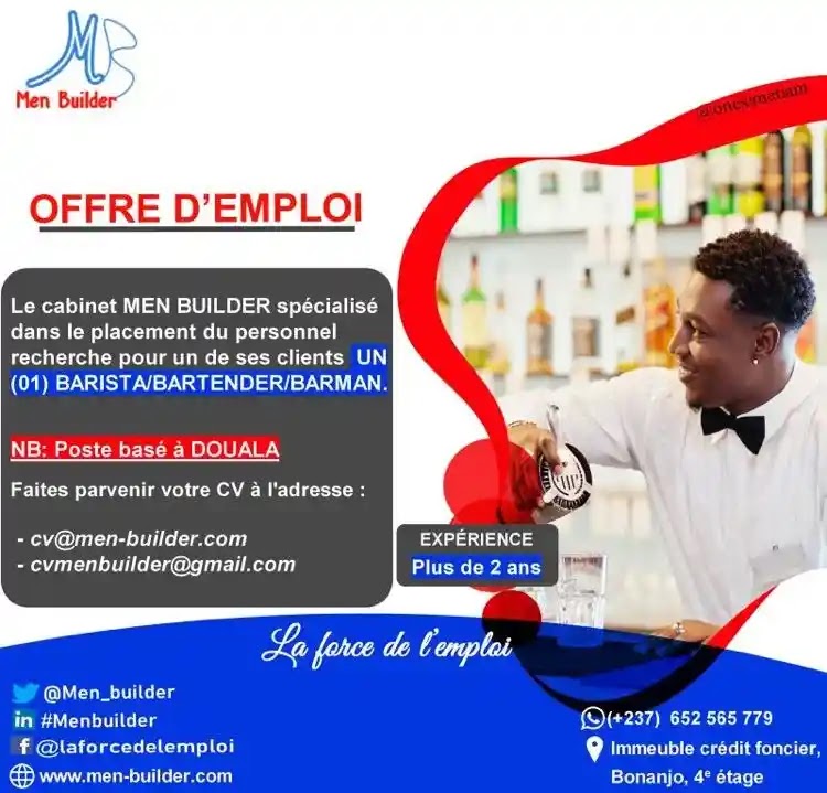 Le Cabinet MEN BUILDE recrute pour un de ses clients UN barista/bartender/barman. recrutement: barista/bartender/barman.