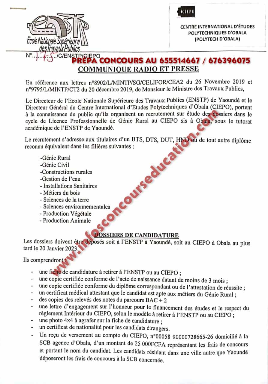 Recrutement sur étude de dossiers dans le cycle de licence professionnelle de génie rural au ciepo sis à obala , de l'ENSTP de Yaoundé 2022