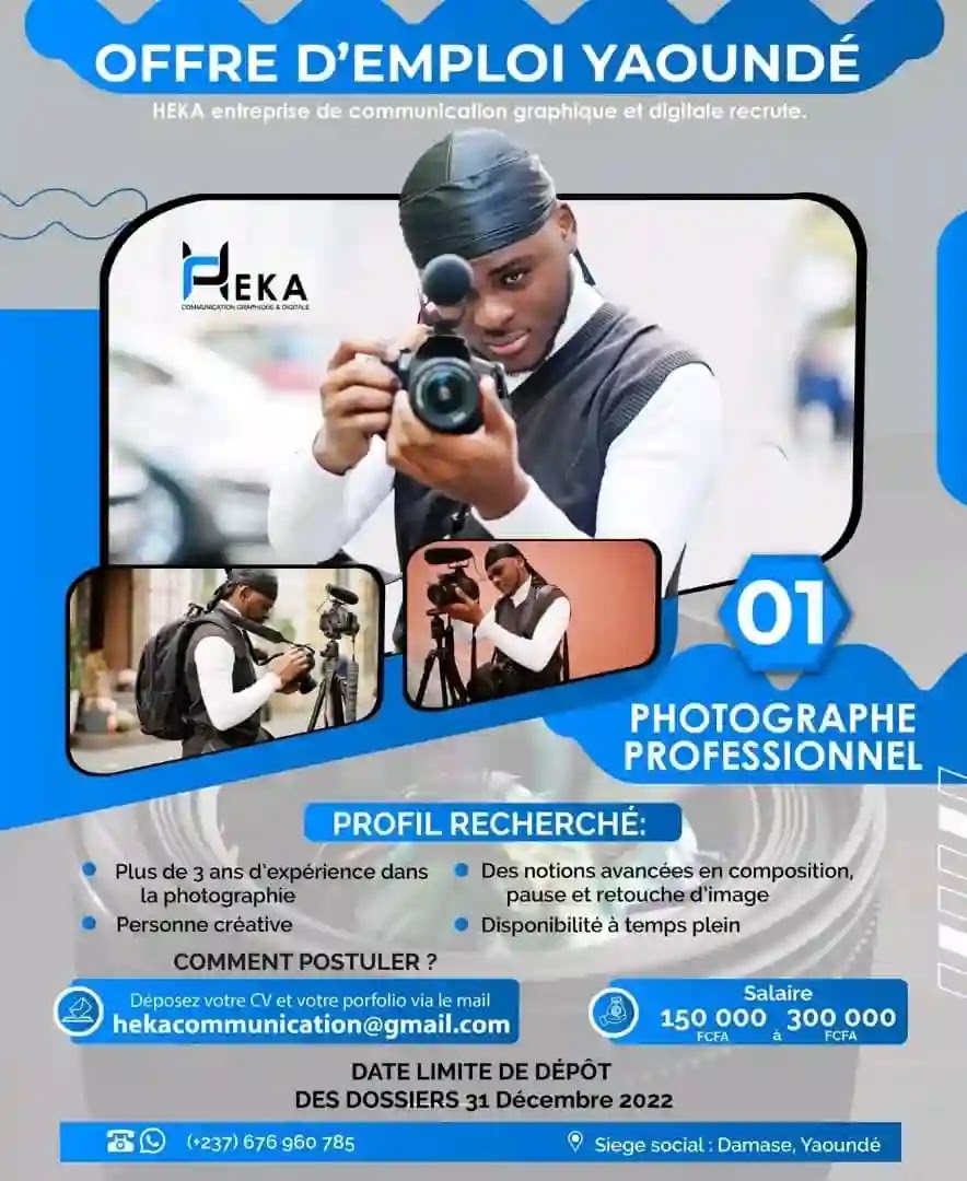 Heka, entreprise de Communication Graphique et Digitale, recrute 01️ Photographe Professionnel