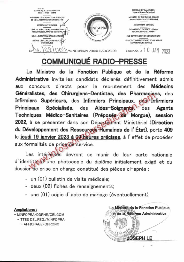Communiqué radio presse à l'attention  des candidats déclarés définitivement admis aux concours directs pour le recrutement du minfopra 2022