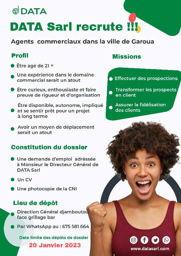 DATA Sarl recrute des agents commerciaux dans la ville de Garoua.