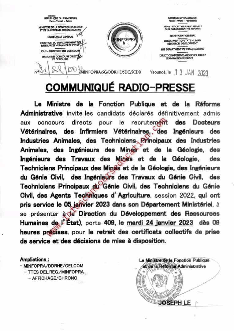 Communiqué radio-presse à l'attention des candidats déclarés définitivement admis aux concours directs du MINFOPRA 2022