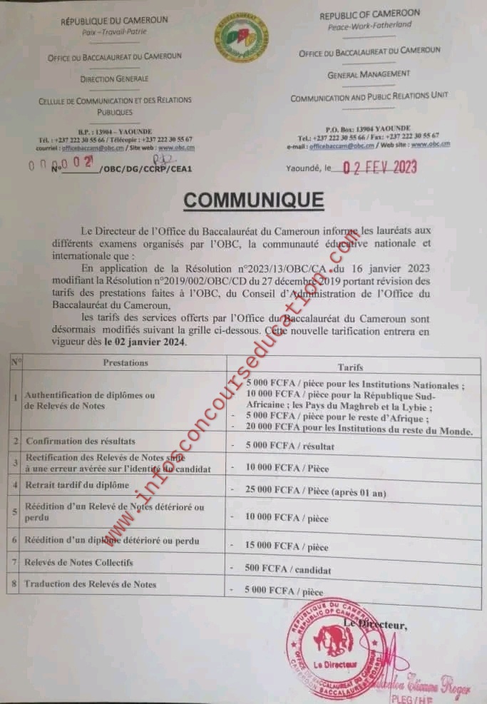 Les tarifs des services offerts par l'Office du Baccalauréat du Cameroun sont désormais modifiés