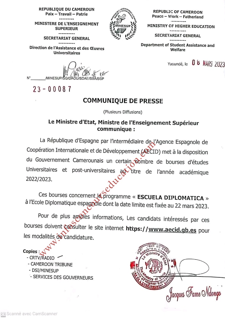 Bourse d'étude de la République d'Espagne 2023/ Spanish government scholarships