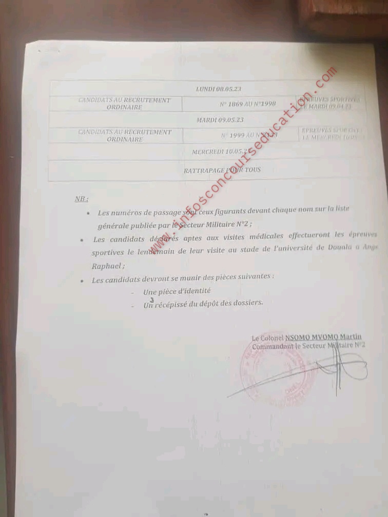 Recrutement MINDEF 2023: Dates et Ordre de passage 