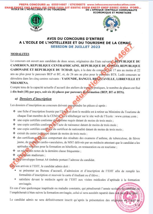  Concours d'entrée à l'école d'Hôtellerie et du Tourisme de la CEMAC 2023-2024 (ehtc)
