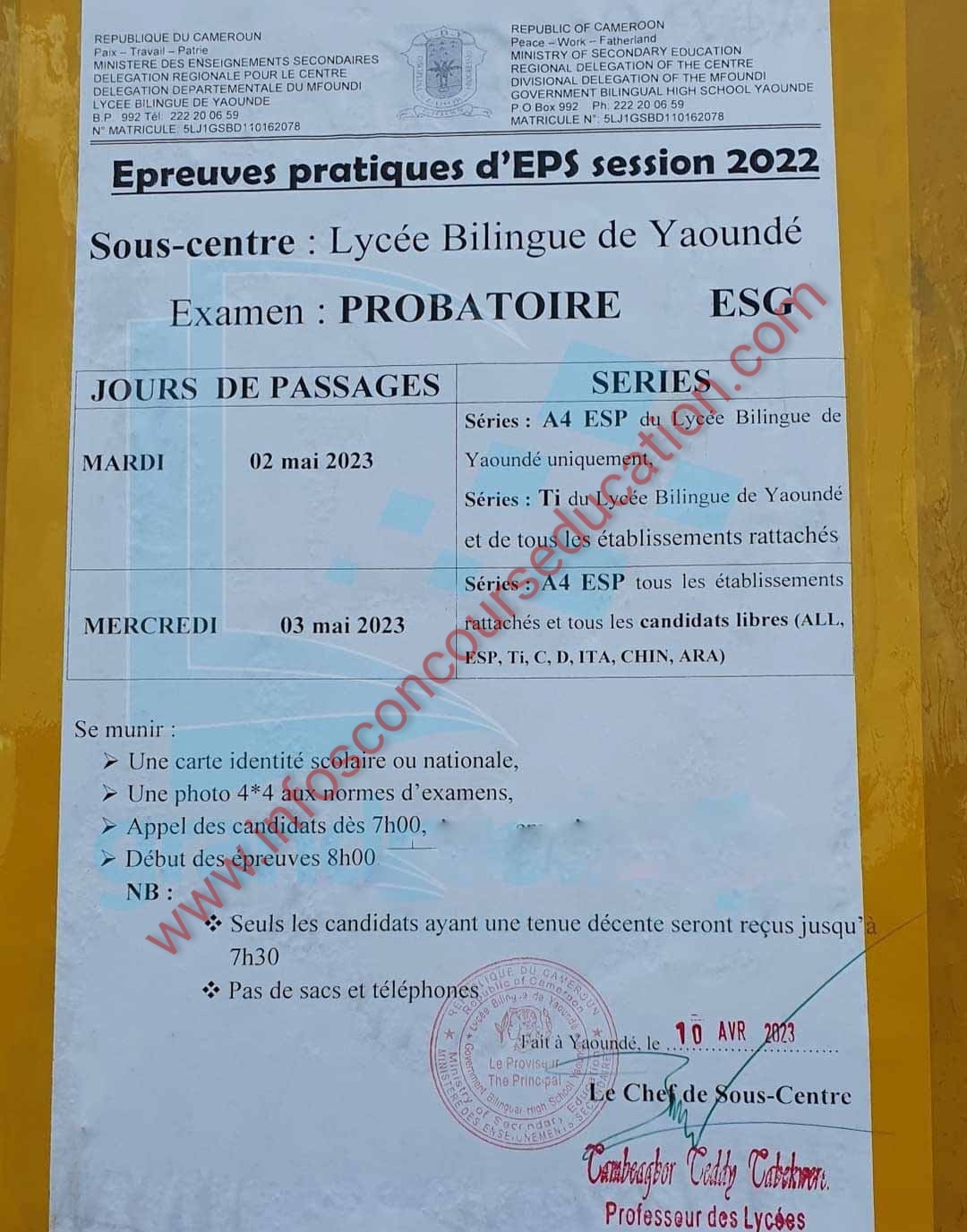 Calendrier des Epreuves pratiques d'EPS aux examens 2023