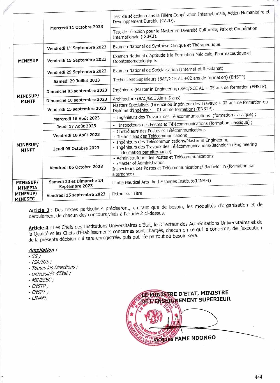 Calendrier des concours d'entrée dans les Établissements des Universités d'État du Cameroun 2023-2024.
