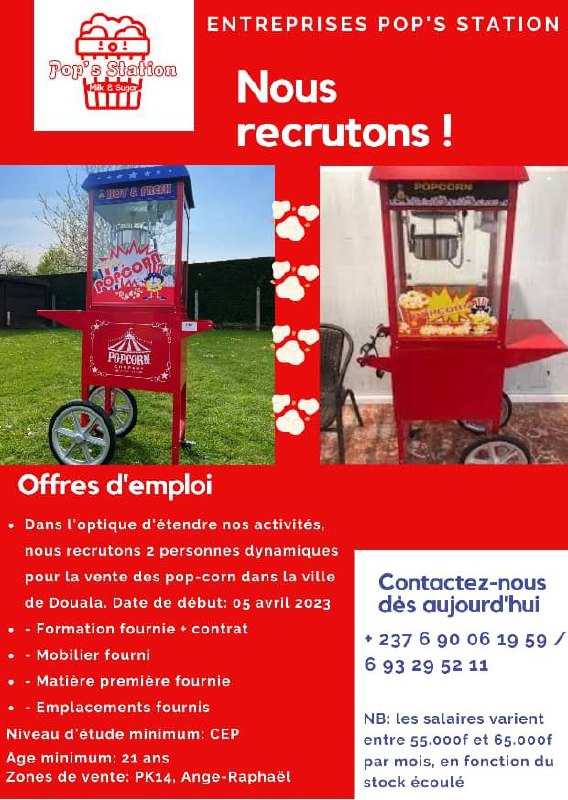 POP’S STATION, dans l’optique de développer et d’étendre ses activités, recrute 2 vendeurs dynamiques pour la vente des pop-corn