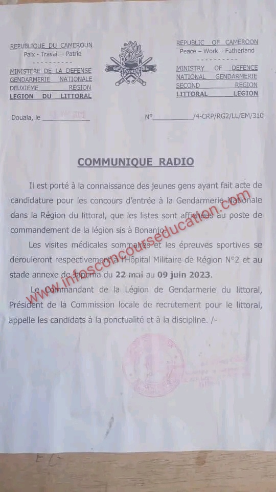 Concours d'entrée à la Gendarmerie Nationale dans la Région du littoral, que les listes sont affichées au poste de commandement de la légion sis à Bonanjo.