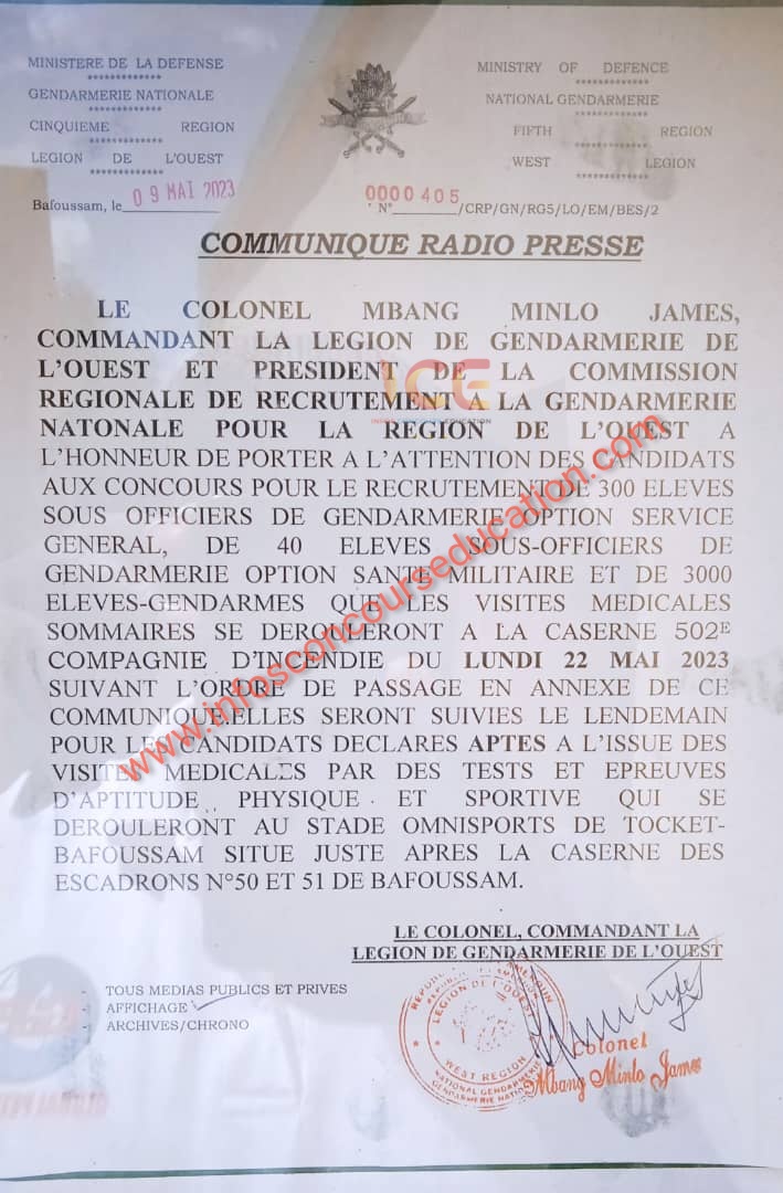 Ordre de passage aux Visites médicales sommaires et épreuves sportives Concours gendarmerie 2023 de la légion de Gendarmerie de l'ouest.