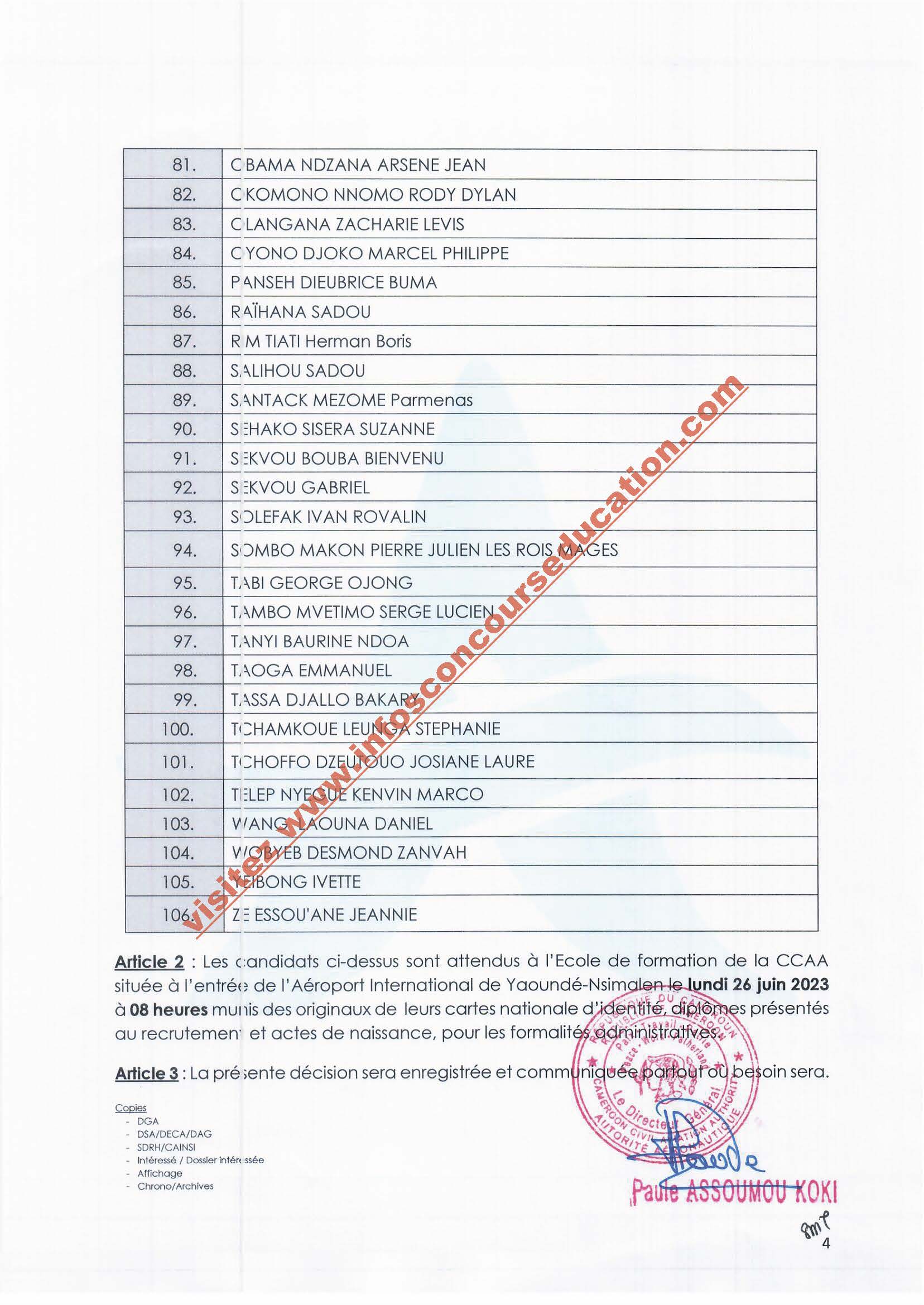 résultats définitifs du concours direct pour le Recrutement de cent-six (106) Agents Opérationnels de Sûreté de la Cameroon Civil Aviation Authority (CCAA).