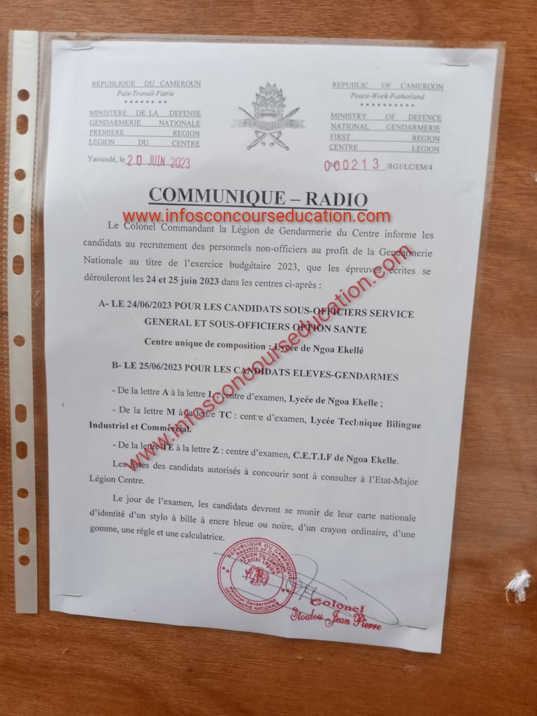 Centre de composition des candidats au concours de la gendarmerie nationale Cameroun (MINDEF) 2023