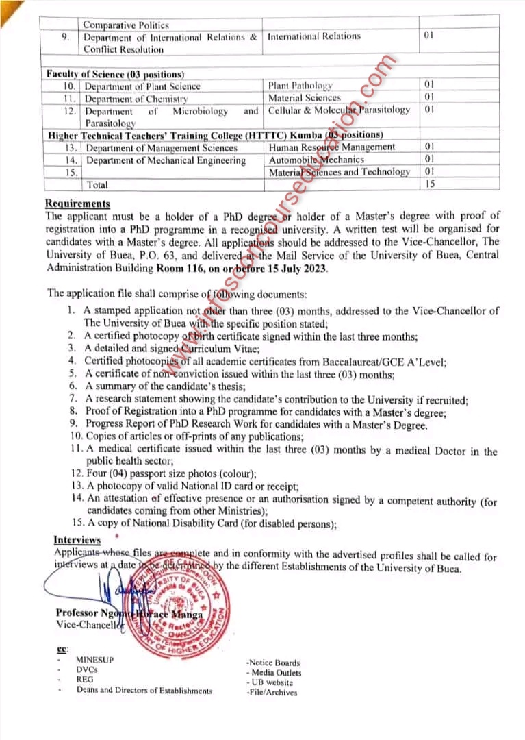 The Vice-Chancellor of the University of Buea announces that fifteen (15) Teaching Positions have been opened at the University of Buea
