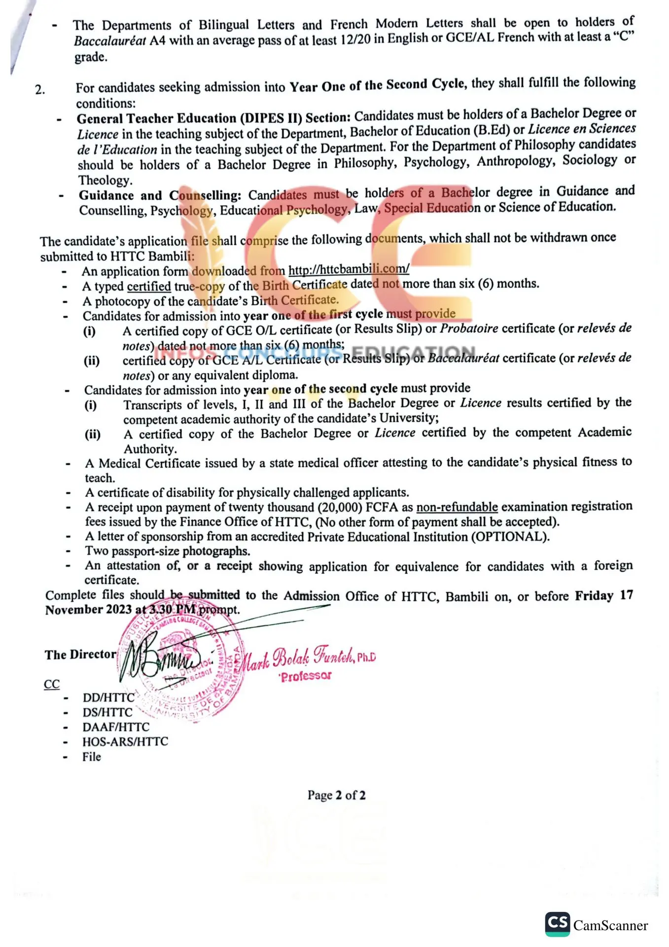 Admission of Private Candidates into Year One of the First and Second Cycles, of the Higher Teacher Training College, Bambili, for the Academic Year 2023/2024 