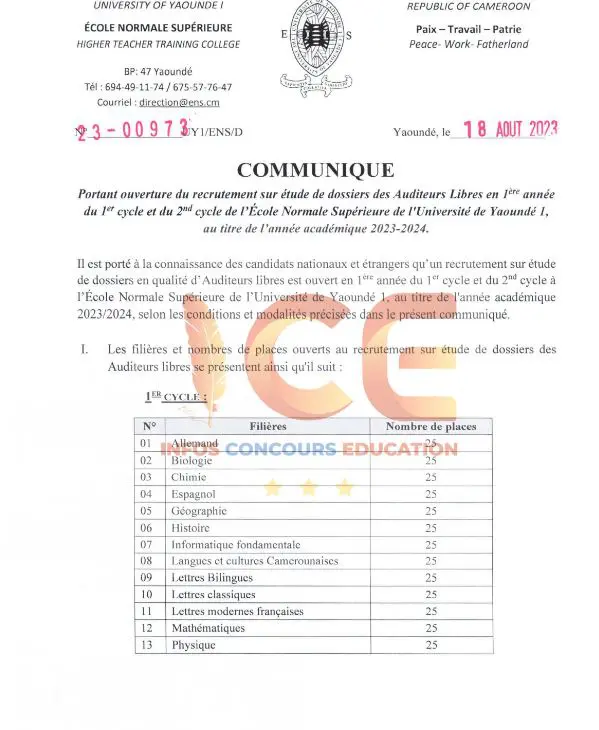 Concours de recrutement sur étude de dossiers des Auditeurs Libres en 1ère année du 1er cycle et du 2nd d cycle de l'ENS de Yaoundé 2023