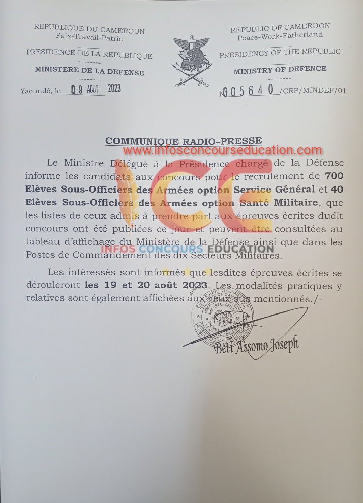  listes de ceux admis à prendre part aux épreuves écrites au concours pour le recrutement au mindef cameroun (gendarmerie) 2023