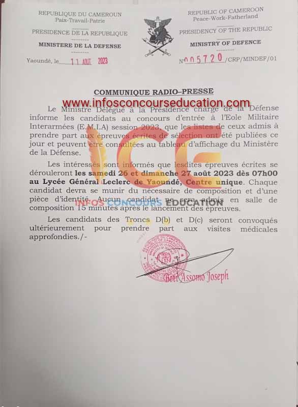 Centre de composition et date des épreuves écrites des candidats au concours d'entrée à l'emia Cameroun session 2023: lycée général Leclerc 