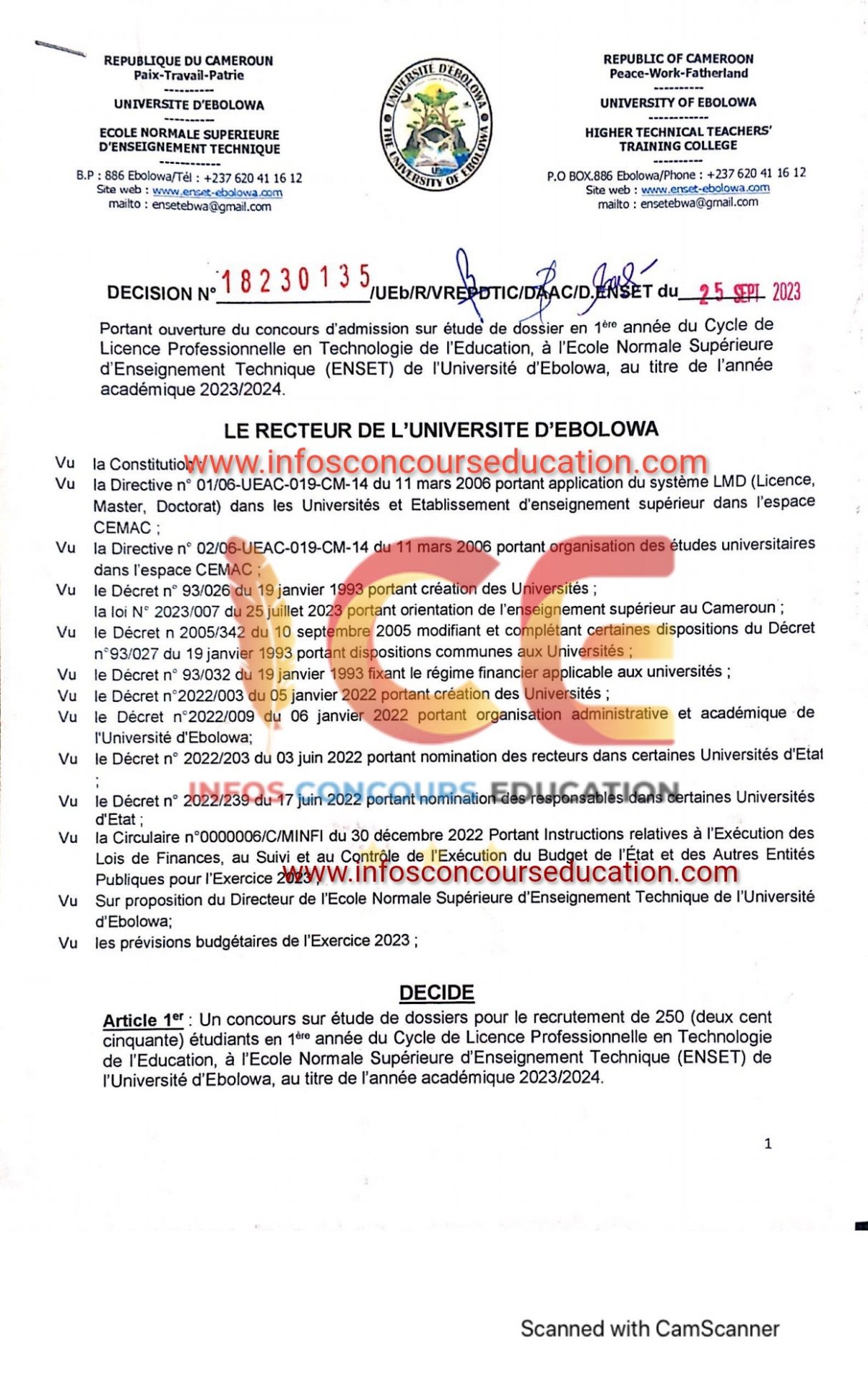 Concours d(admission sur étude de dossier du Cycle de Licence Professionnelle en Technologie de l'Education, à l'ENSET d'ébolowa 2023/2024