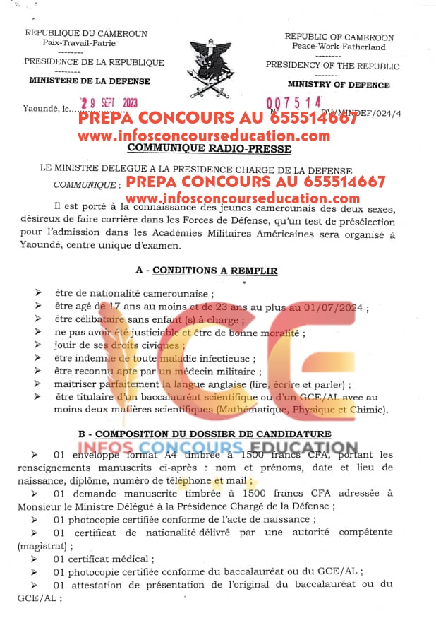 Concours de présélection pour l'admission dans les Académies Militaires Américaines 2023 à Yaoundé, pour l'année 2023-CONCOURS MINDEF