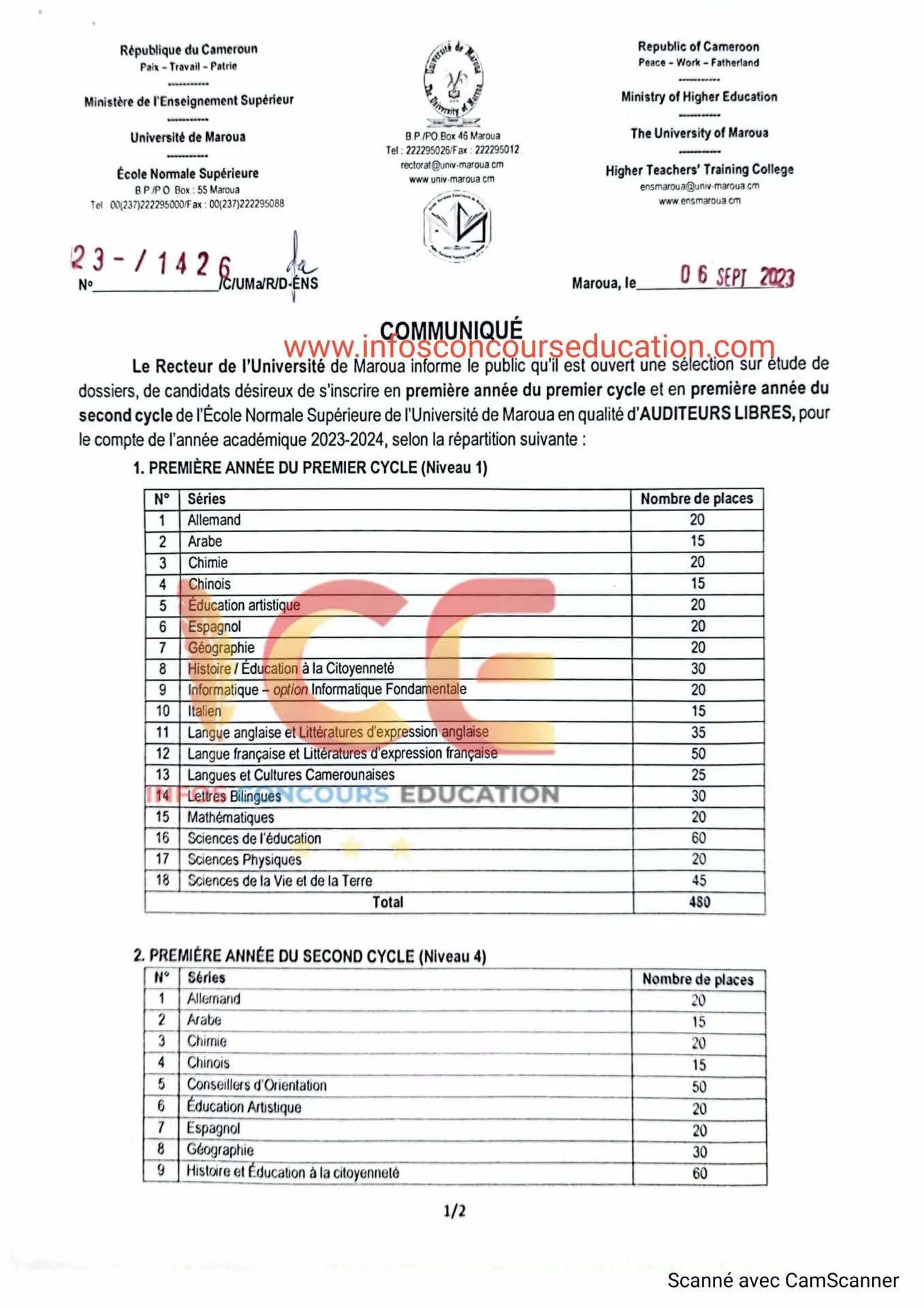 Concours sur étude de dossiers de l'ENS de l'Université de Maroua en qualité d'AUDITEURS LIBRES, année académique 2023-2024.