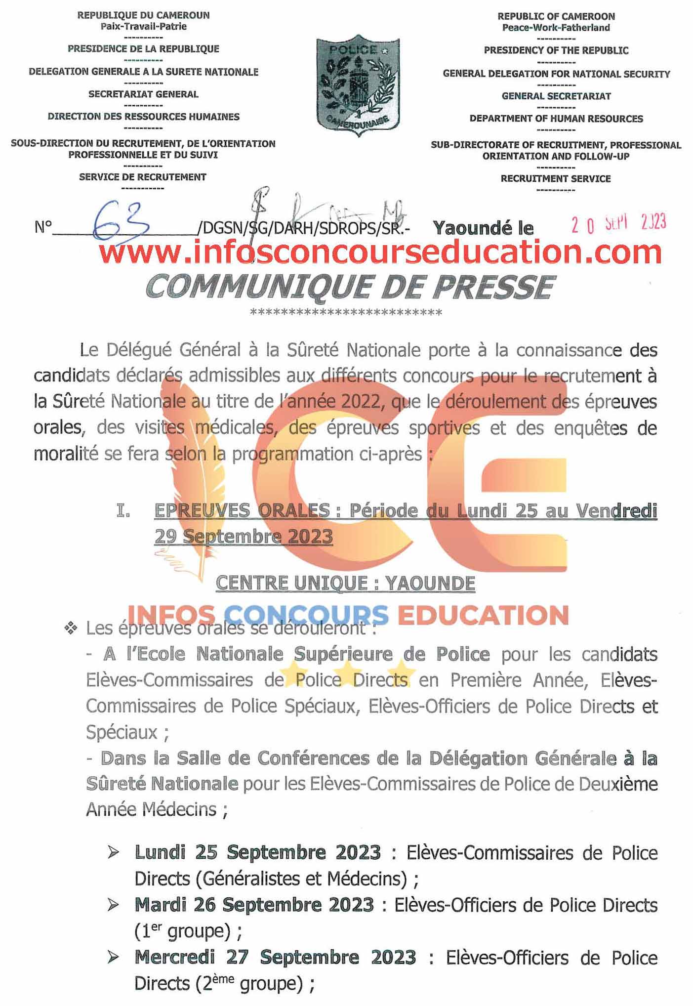 Déroulement des épreuves orales, des visites médicales, des épreuves sportives et des enquêtes de moralité au concours de police 2022-dgsn