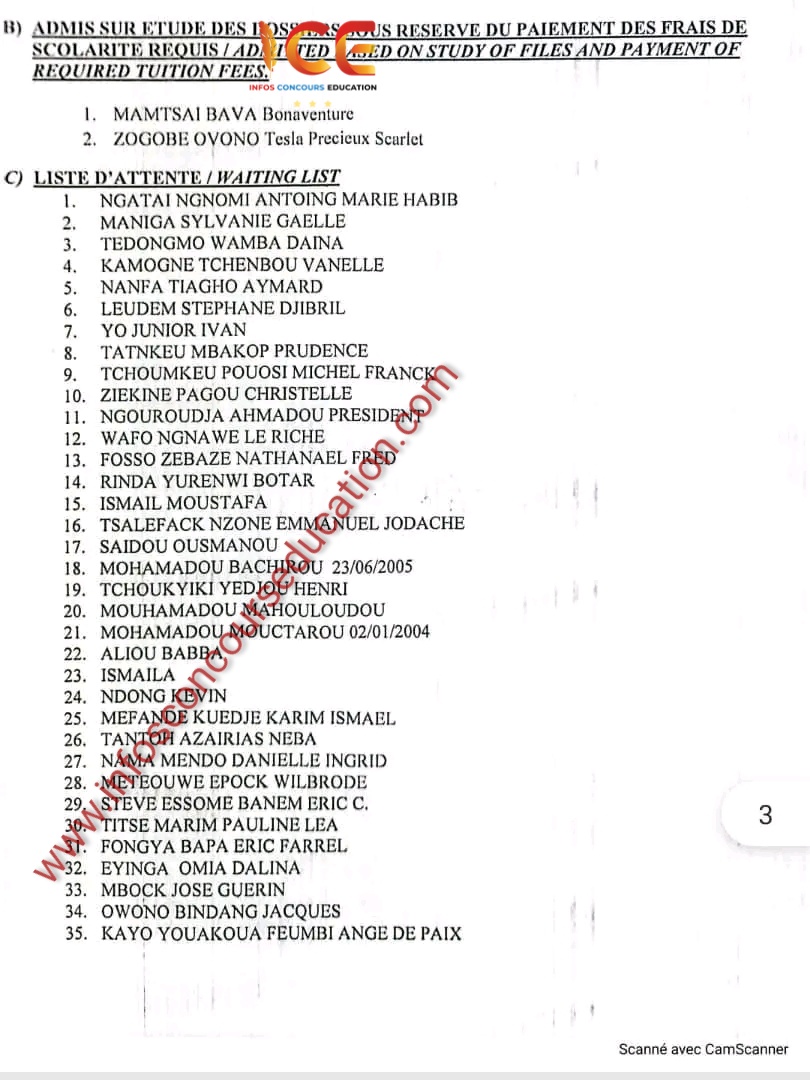 Résultats du concours d'entrée en 1ère année Filière des Docteurs Vétérinaires de l'ESMV de l'Université de NGAOUNDERE année 2023/2024