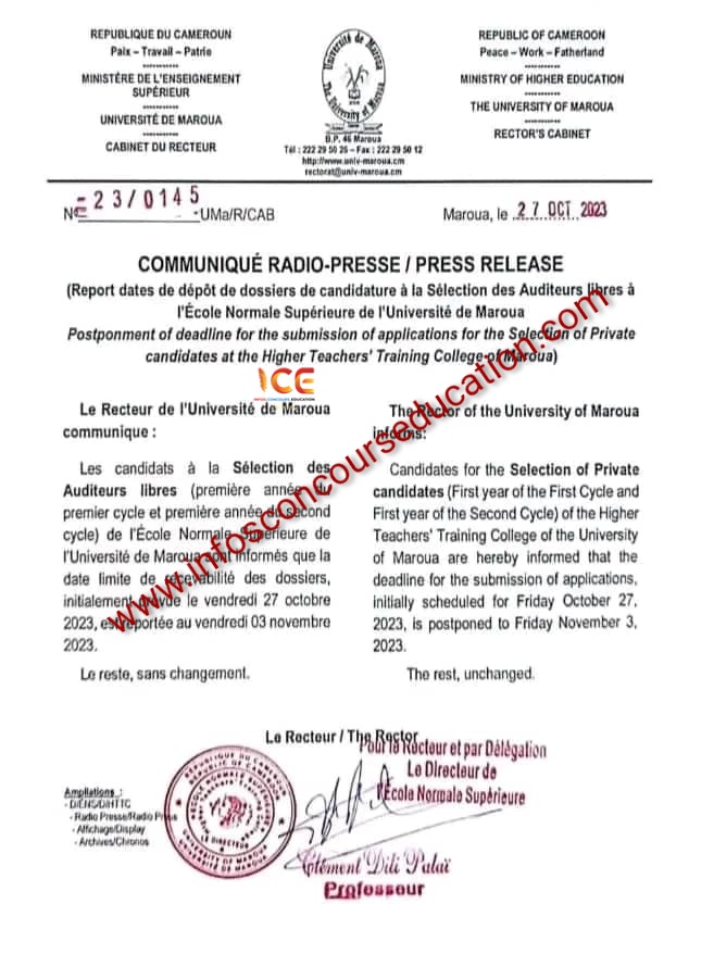 Report dates de dépôt de dossiers de candidature de Sélection des Auditeurs libres à l'ÉNS de Maroua 2023/2024
