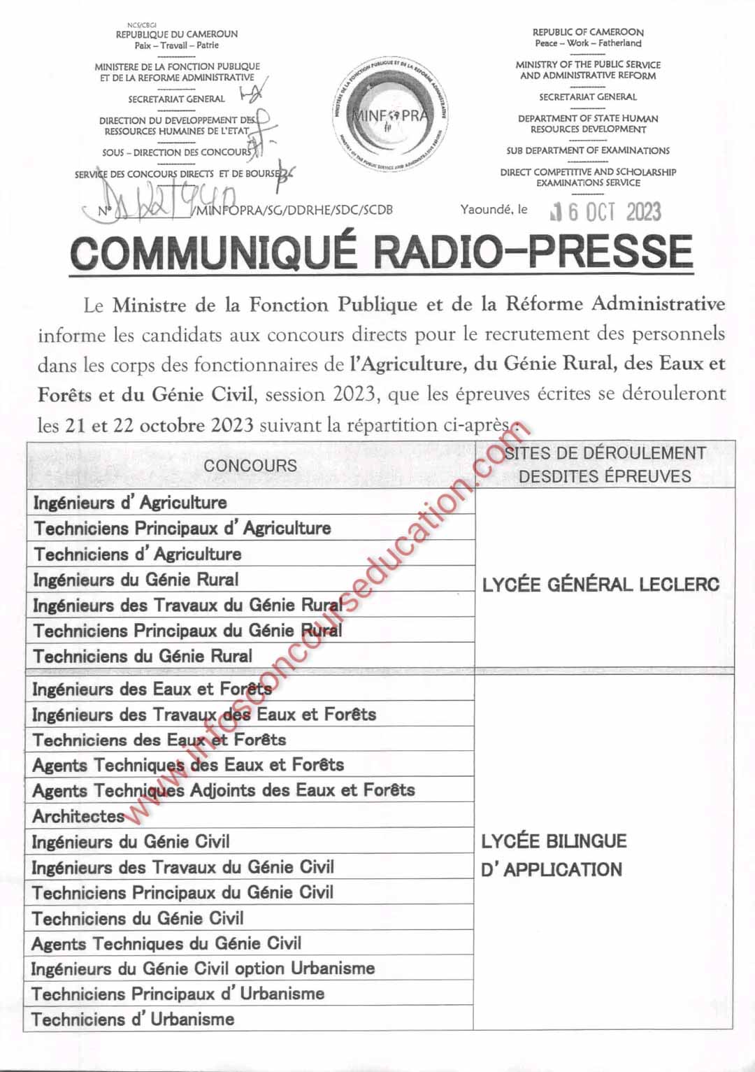 Centre de composition des candidats aux concours direct sdu Génie Civil, Génie Rural, Agriculture et Eaux et Forêts, Session 2023.