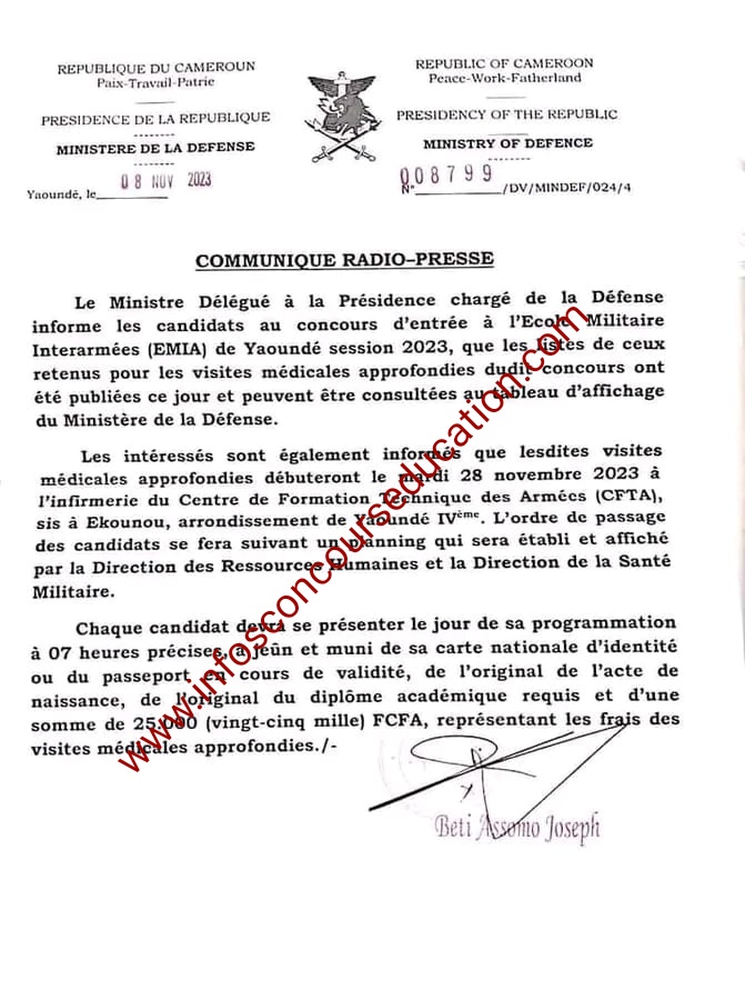 Listes de ceux retenus pour les visites médicales approfondies concours (EMIA) de Yaoundé session 2023