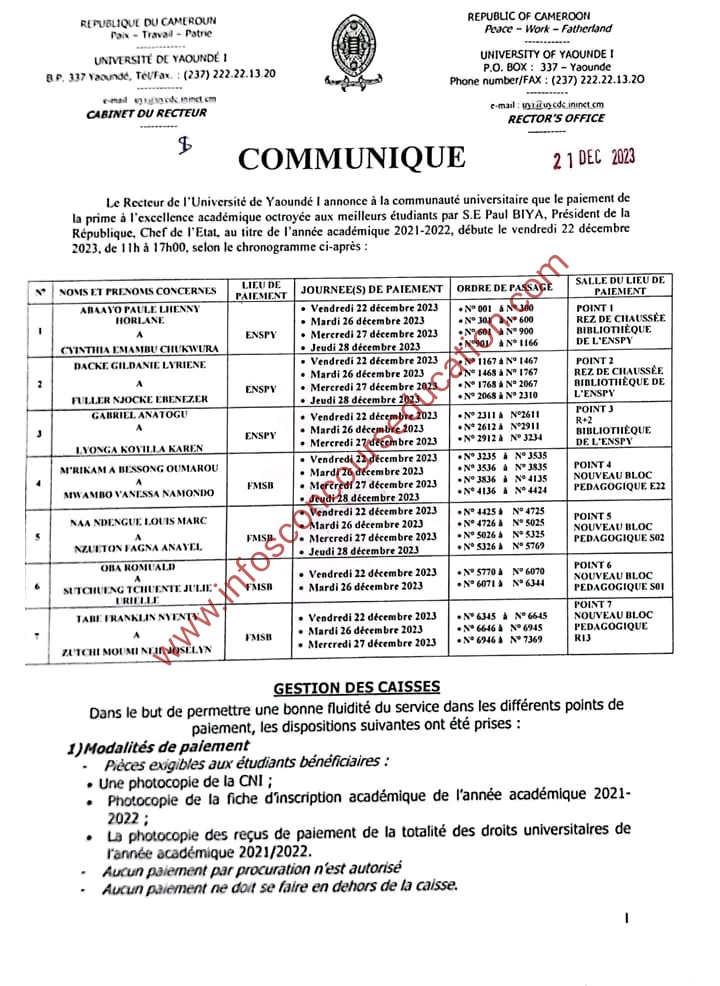Chronogramme, Calendrier de paiement de la prime d'excellence du chef de l'état A l'université de Yaoundé 1 2023