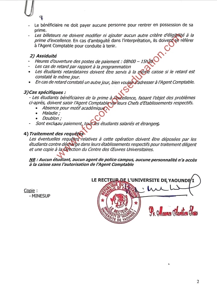 Chronogramme, Calendrier de paiement de la prime d'excellence du chef de l'état A l'université de Yaoundé 1 2023