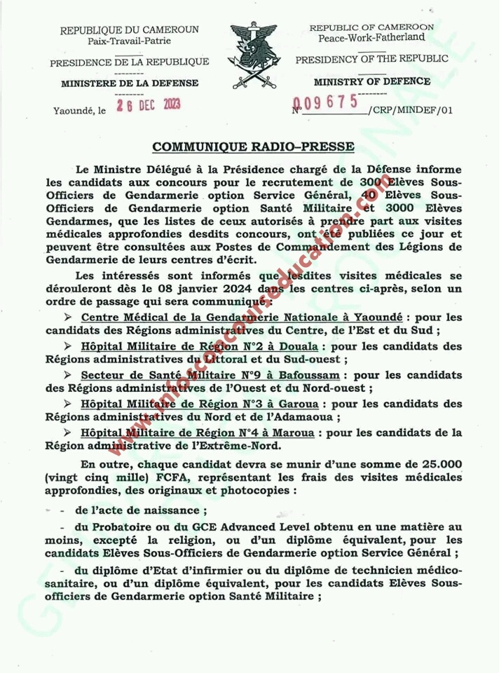 Résultats des visites médicales approfondies concours de recrutement de gendarmerie camerounaise, Militaire (MINDEF) 2023 