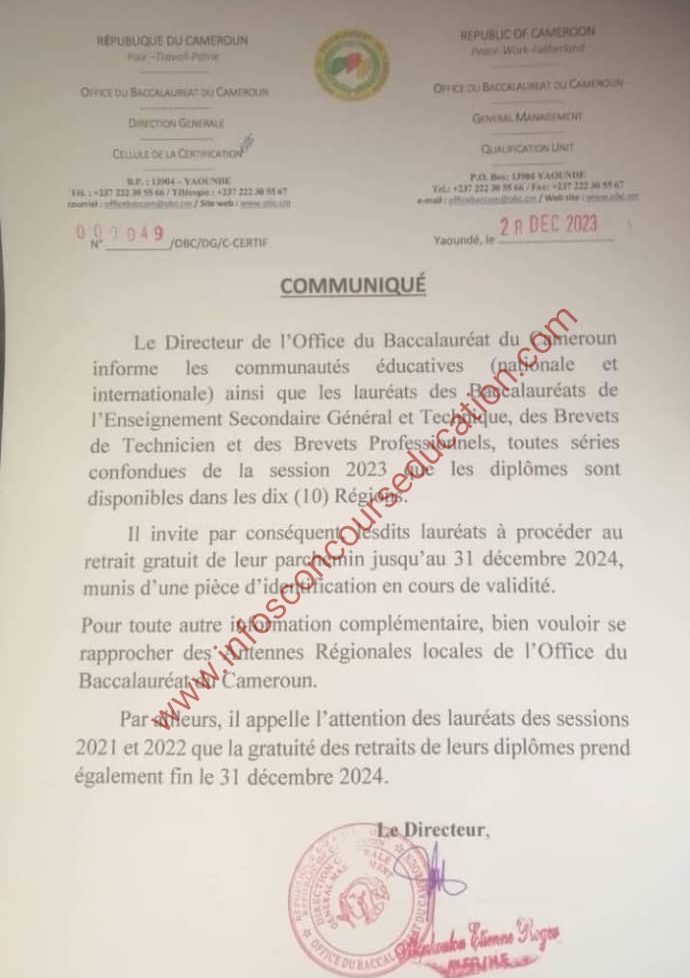 Obc cameroun: Disponibilité des diplômes de baccalauréat enseignement secondaire général, technique et BT session 2023 obc Cameroun 