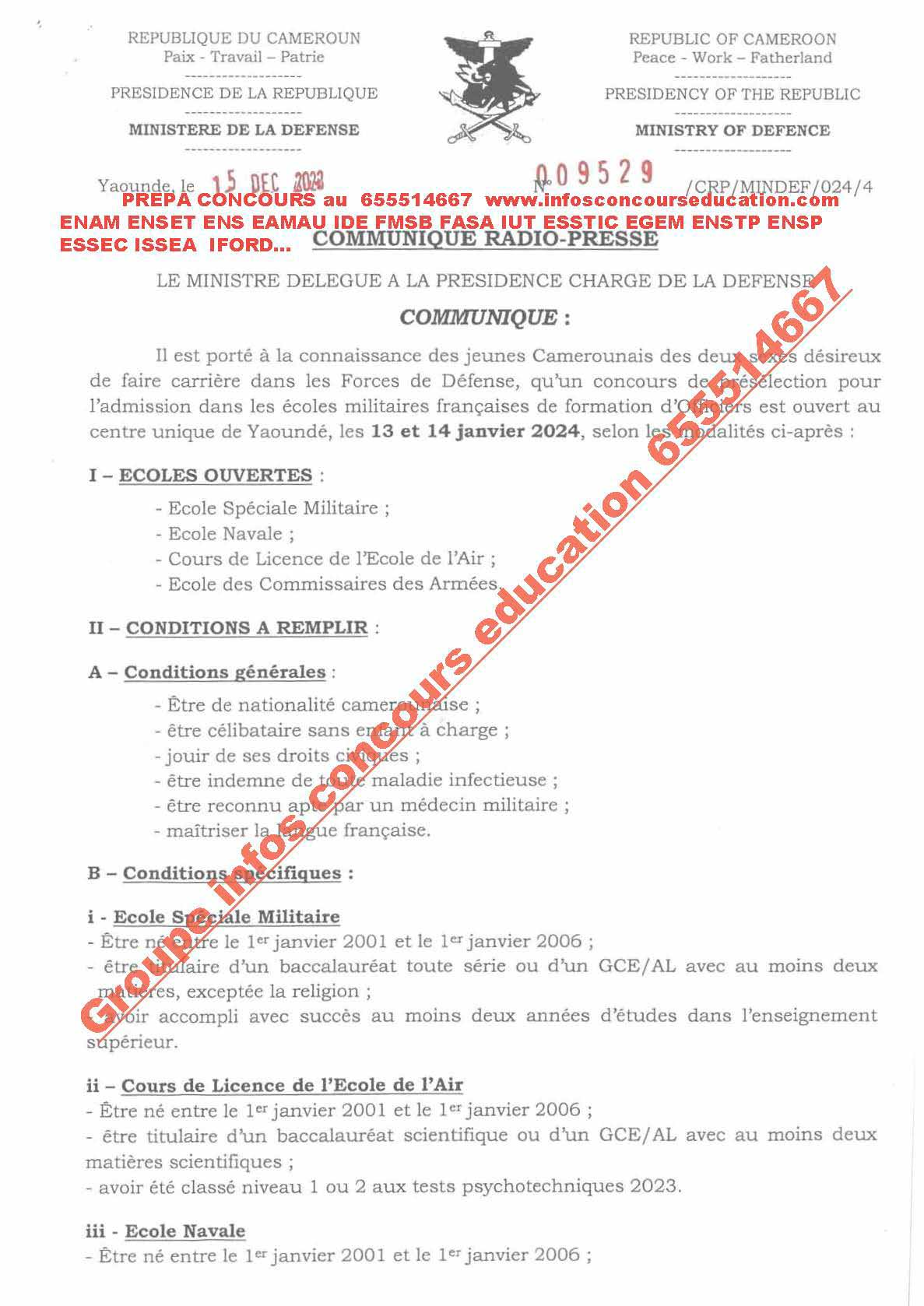 Concours de présélection pour l'admission dans les écoles militaires françaises de formation d'Officiers ouvert au centre unique de Yaoundé 2024,