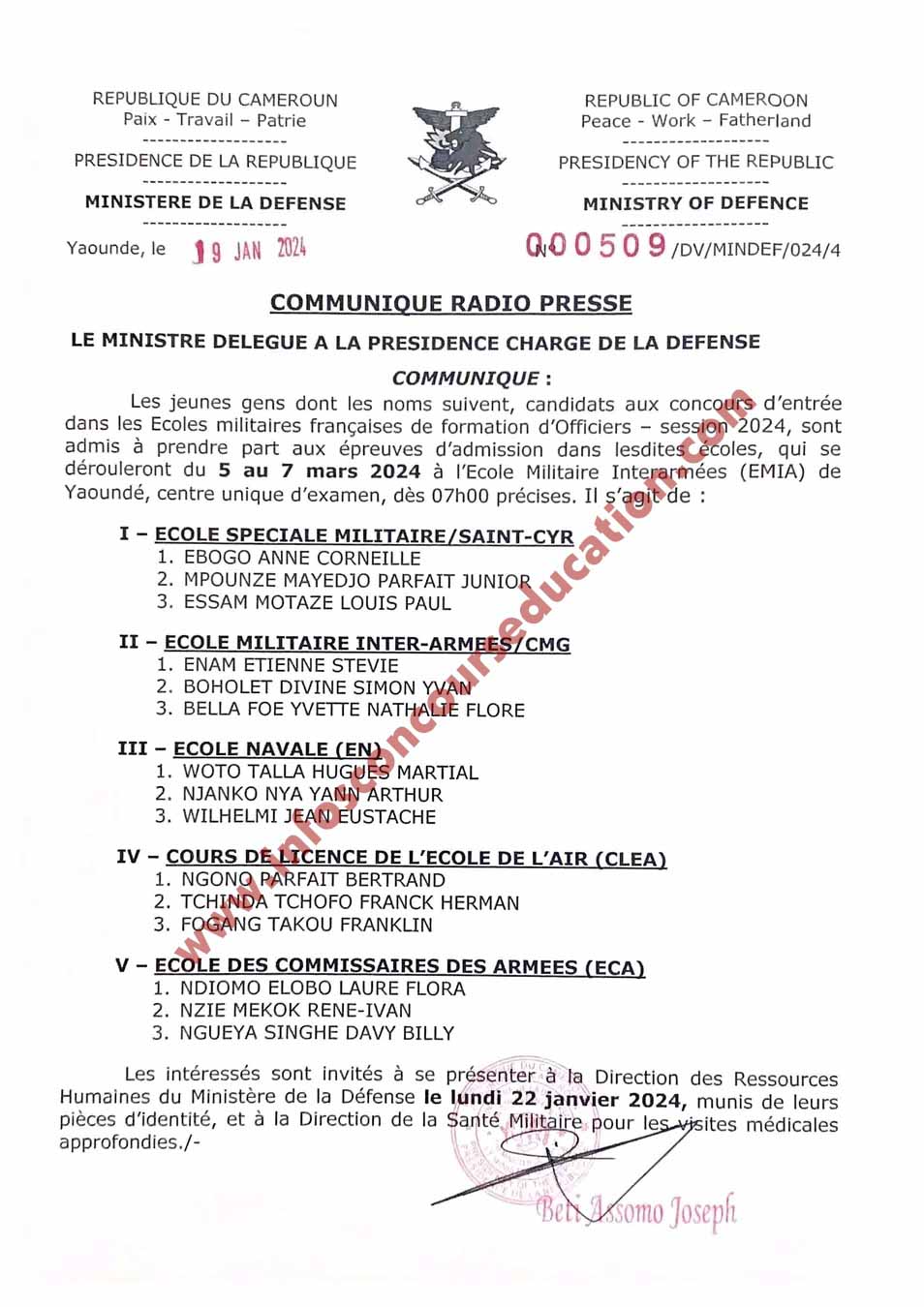 Résultats admissibilité des candidats aux concours d'entrée dans les Ecoles militaires françaises de formation d'Officier - session 2024