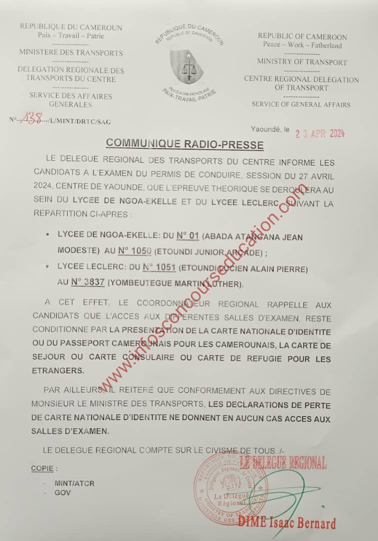 Centre de composition des candidats à l'examen du permis de conduire 2024 au Cameroun 