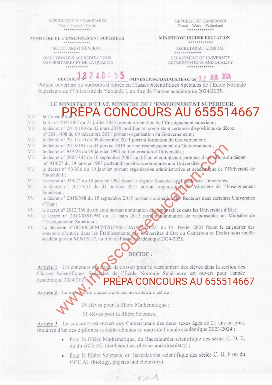 Concours ENS Yaoundé 2024 Classes scientifiques