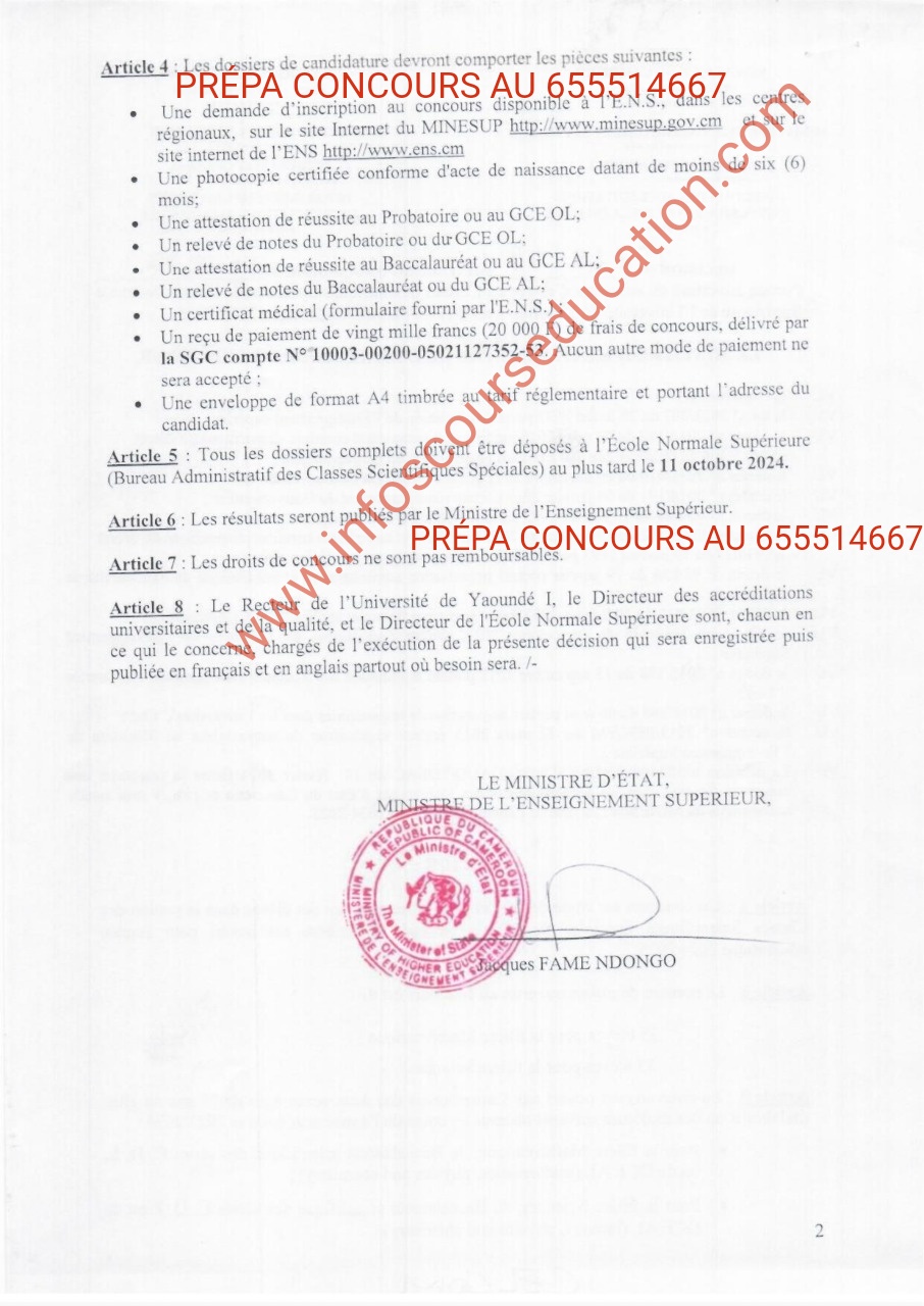 Concours ENS Yaoundé 2024 Classes scientifiques 