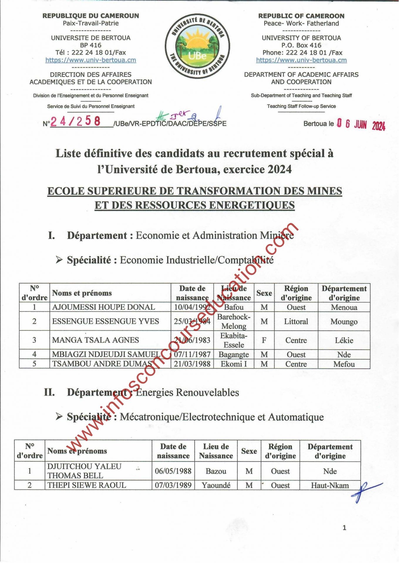 Liste définitive des candidats au recrutement spécial d'enseignants à l'Université de Bertoua, exercice 2024.