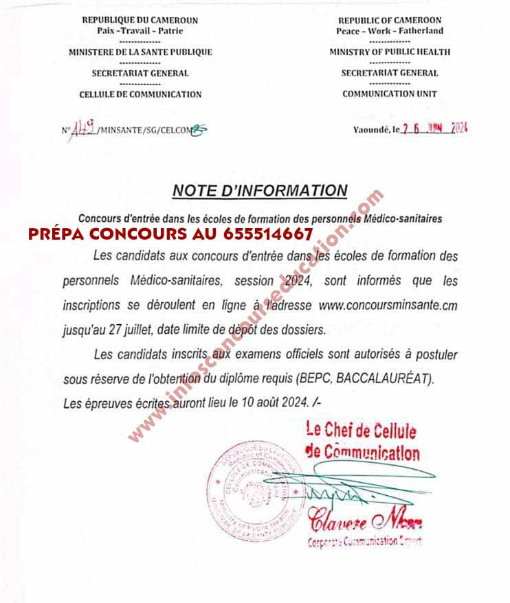 Communiqué concours MINSANTÉ 2024