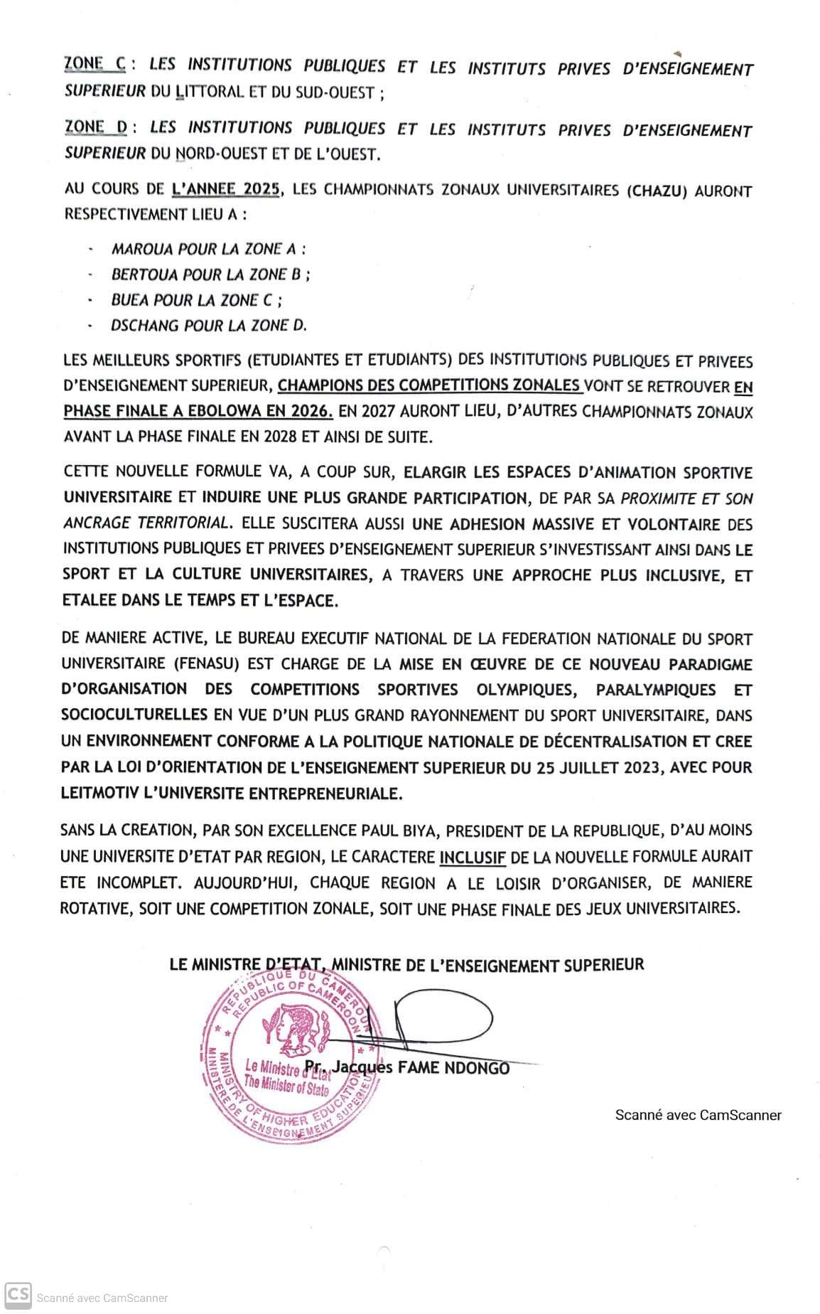 Le Ministère de l'Enseignement Supérieur du Cameroun a annoncé la clôture de la 24ème édition des Jeux Universitaires 2024