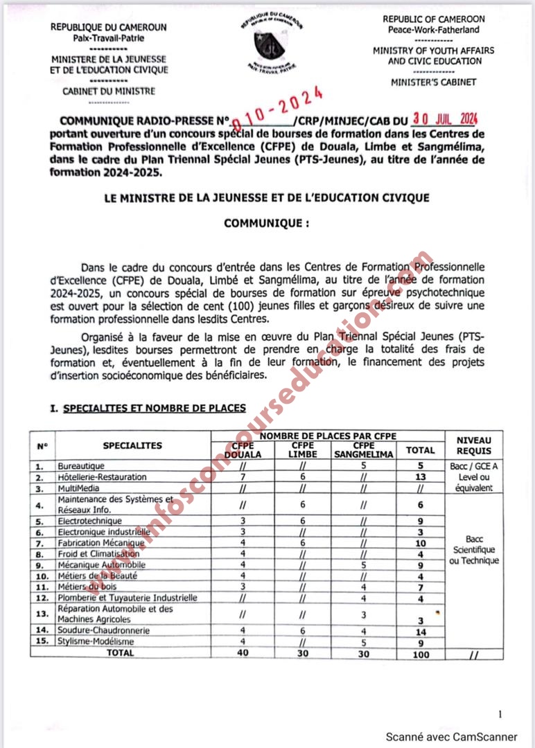 Concours spécial de bourses de formation dans les Centres de Formation Professionnelle d'Excellence (CFPE) du PTS-JEUNE de l'année 2024