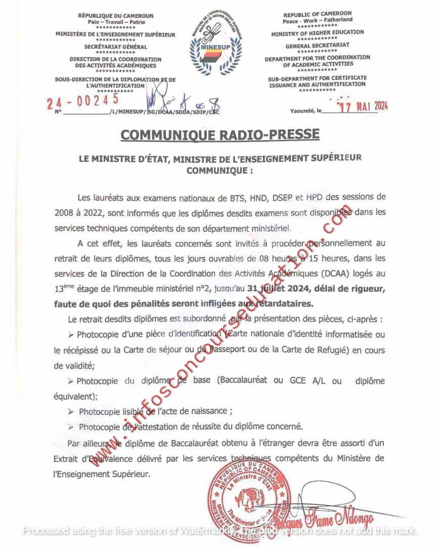 Avis aux lauréats des examens nationaux de BTS, HND, DSEP et HPD (sessions 2008-2022): Le Minesup annonce la disponibilité de diplomes.