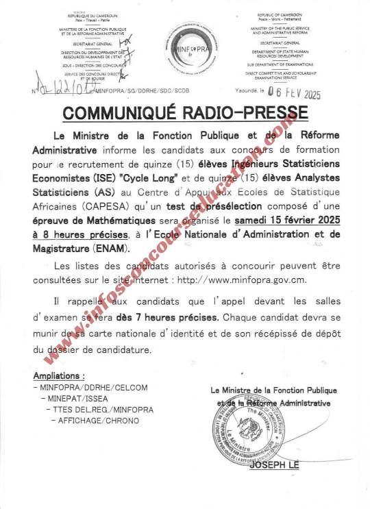 communiqué centre de composition des candidats au concours de formation pour le recrutement des élèves e à l'IFORD session 2025.