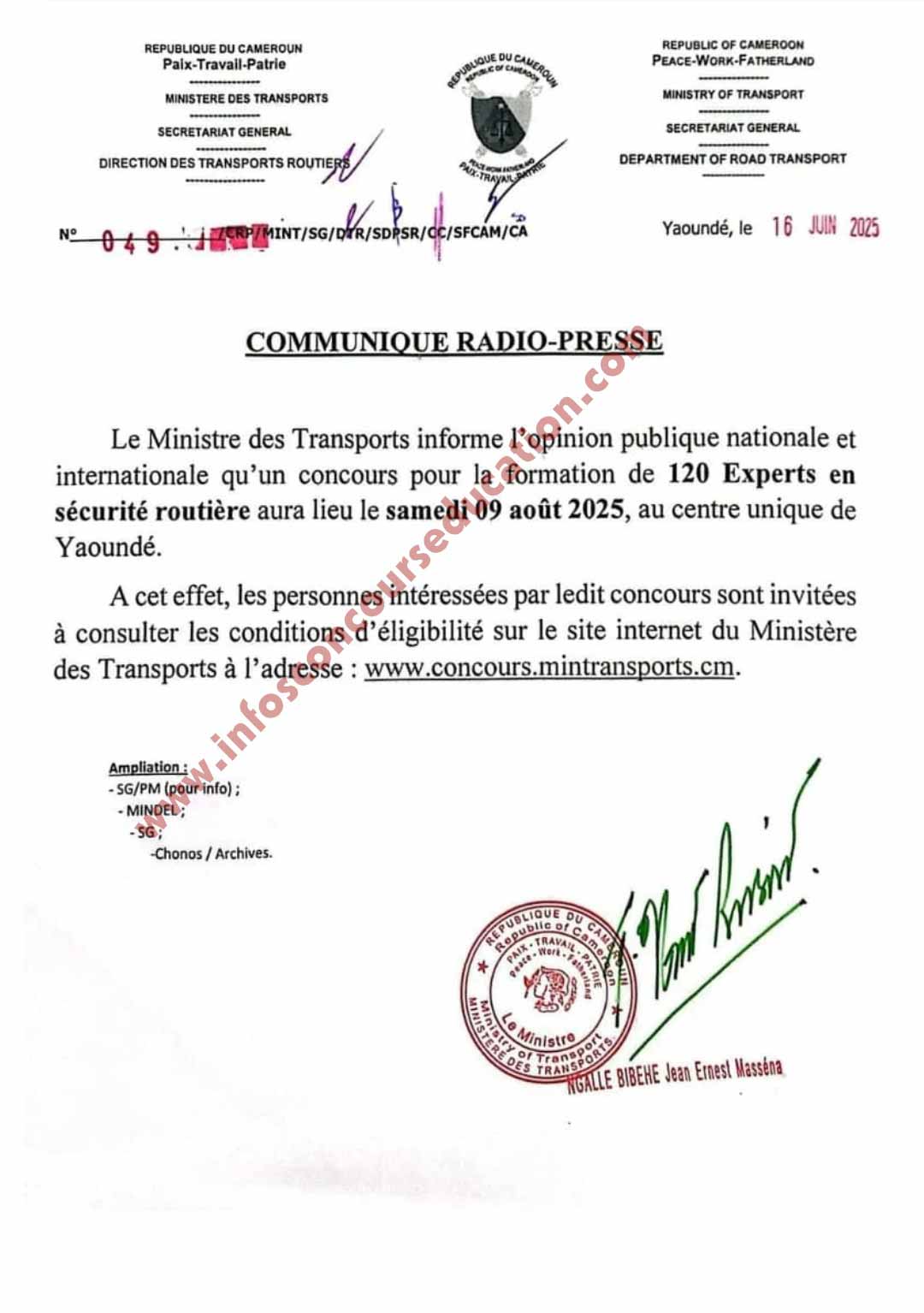 Concours 240 experts sécurité routière Mintransport 