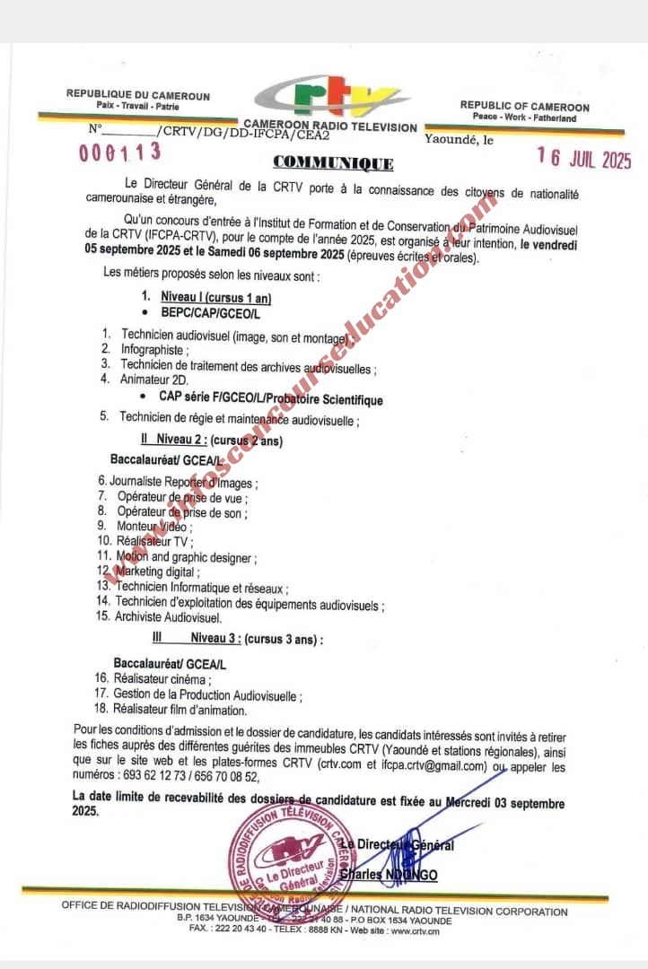 Concours d'entrée à l'Institut de Formation et de Conservation du Patrimoine Audiovisuel de la CRTV (IFCPA-CRTV) 2025